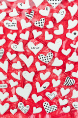 Closeup of white hearts in red hearts mulberry paper texture used for background , texture , copy text. Concept of happy valentine day, lover day and gift..