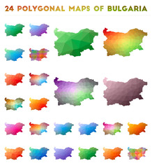 Set of vector polygonal maps of Bulgaria. Bright gradient map of the country in low poly style. Multicolored Bulgaria map in geometric style for your infographics.