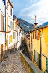 Fototapeta na wymiar Sospel, beautiful french village, typical street with colorful houses 
