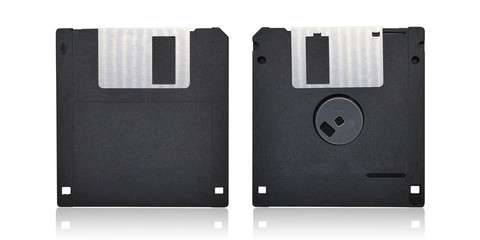 Front and back side of floppy disk isolated on white background with clipping path