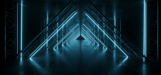 Neon Glowing Blue Vibrant Sci Fi Futuristic Stage Podium Construction Metal Triangle Concrete Grunge Reflective Dark Night Virtual Show Background Laser Tunnel Corridor 3D Rendering