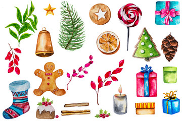 Christmas Set with wreath, spruce branches, holiday decorations, mistletoe branch, gift box, cookies painted in watercolor on a white background