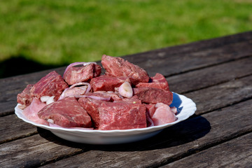 Cooking on fresh air. The plates with fresh meat is standing on wooden table in countryside getting ready for preparing.
