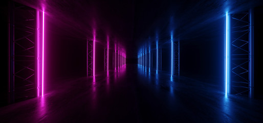 Neon Glowing Purple Blue Vibrant Sci Fi Futuristic Stage Podium Construction Metal Triangle Concrete Grunge Reflective Dark Night Virtual Show Background Laser Tunnel Corridor 3D Rendering
