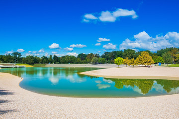 Beautiful blue lake in Bundek park in autumn in Zagreb, Croatia