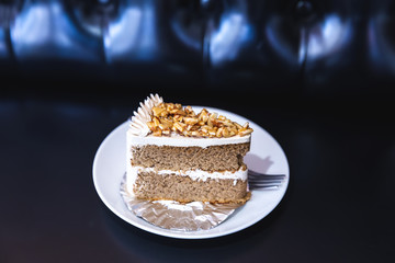 almond coffee cake on dark background