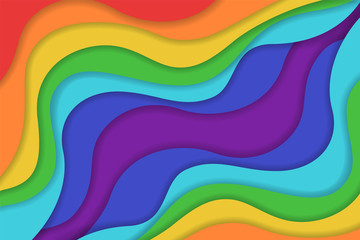 Abstract rainbow colors wavy shapes paper cut background with empty place for text. Elegant 3d layered illustration, lgbt pride bright color wallpaper for summer banner, poster, mobile apps, ui design