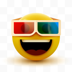 Emoji with 3d glasses, emoticon watching 3d movie, 3d rendering.