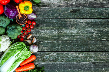 Healthy food. Vegetables and fruits.Organic vegetables on wood.Top view. Copy space.