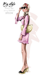 Hand drawn beautiful young woman in sunglasses. Stylish girl with bag. Fashion woman outfit. Sketch. Vector illustration.