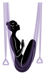 Fly yoga. Yoga on the hammock. Silhouette of a slender girl who goes in for sports, meditation. Good for your health. Vector illustration.