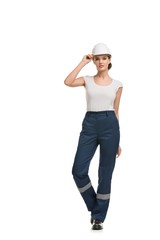 Pretty woman in blue working clothes isolated view