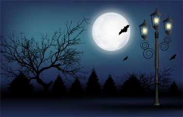 Halloween banner with bats on the night background. Foggy landscape with big moon and glowing lamp