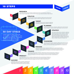 Design infographic elements for your business data with 10 options, steps, parts, timelines and processes. Multicolored bright diagonal modern elements with icons. Vector illustration