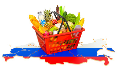 Market basket or purchasing power in Russia concept. Shopping basket with Russian Federation map, 3D rendering