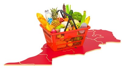 Market basket or purchasing power in Morocco concept. Shopping basket with Moroccan map, 3D rendering