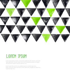 Abstract hand drawn ink pattern with black and green triangles on white background with place for your text