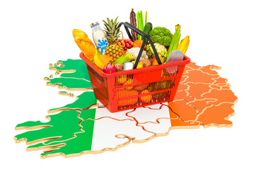 Market basket or purchasing power in Ireland concept. Shopping basket with Irish map, 3D rendering