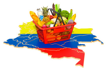 Market basket or purchasing power in Columbia concept. Shopping basket with Columbian map, 3D rendering