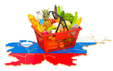 Market basket or purchasing power in Slovenia concept. Shopping basket with Slovenian map, 3D rendering