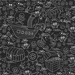 Vector set with pirate elements for birthday party for little children. Kids pattern with octopus, beach, treasure chest, ship