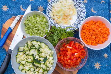 freshly chopped vegetables ready for cooking  on flat lay, top view with copy space