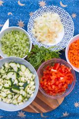 freshly chopped vegetables ready for cooking  on flat lay, top view with copy space