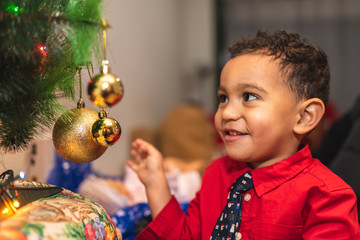 Little Boy Decorating Christmas Tree and Having Fun.