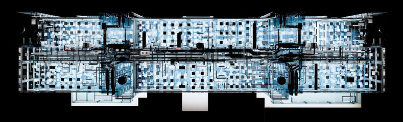 Top view at night of BIM model conceptual visualization of the utilities of the building
