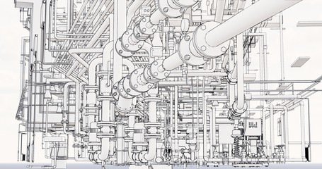 Conceptual visualization of the BIM model utilities of the building at blueprint style