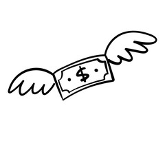 Dollar bill with wings doodle. Flying money. Hand drawn illustration.