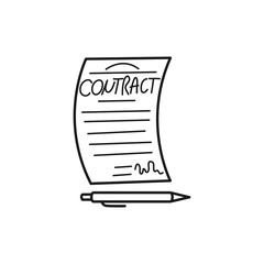 Hand drawn contract and pen isolated on a white. Vector illustration.