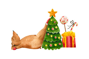 Merry christmas card with sleeping watercolor bear, tree, candies, gift. Hand drawn illustration isolated on white. Festive composition is perfect for new year design, card, poster, banner, wallpaper