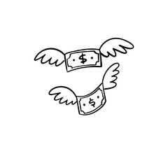 Dollar bill with wings doodle. Flying money. Hand drawn illustration.
