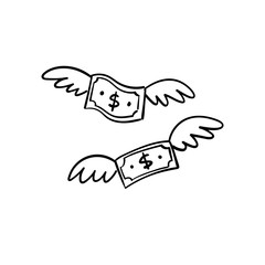 Dollar bill with wings doodle. Flying money. Hand drawn illustration.