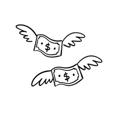 Dollar bill with wings doodle. Flying money. Hand drawn illustration.
