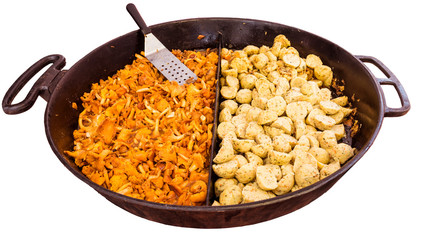 Fresh chanterelles and bread dumplings in a frying pan. Baden Wuerttemberg, Germany, Europe