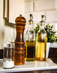 Still life: Oil, Vinegar, Salt and Pepper