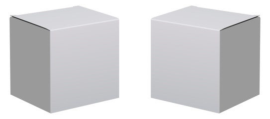 Box mockup. 3d white package. Carton cardboard set. Square medicine blank pack. Realistic cube concept template mock up. Rectangle medicament packing, isolated. Cosmetic gift packaging