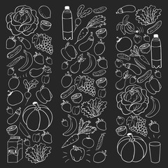 Vector pattern with healthy food. Fruits and vegetables. Milk, dairy products. Pattern for store, mall, menu, cafe, restaurants.