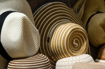 straw hats. Street market selling hats and souvenirs in the touristic town in Malta