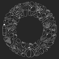 Vector pattern with healthy food. Fruits and vegetables. Milk, dairy products. Pattern for store, mall, menu, cafe, restaurants.