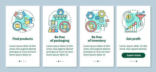 Dropshipping onboarding mobile app page screen with linear concepts. Find product, be free of inventory, get profit walkthrough steps graphic instructions. UX, UI, GUI vector template with icons