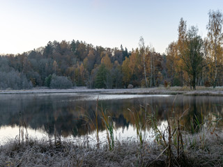 landscape with brightly colored trees in autumn, fog over the lake, beautiful reflections, bright colors