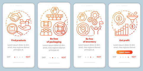 Dropshipping red onboarding mobile app page screen vector template. Find product, be free of packaging. Walkthrough website steps with linear illustrations. UX, UI, GUI smartphone interface concept