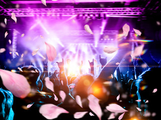 Back row concert show with people clapping the live stage.