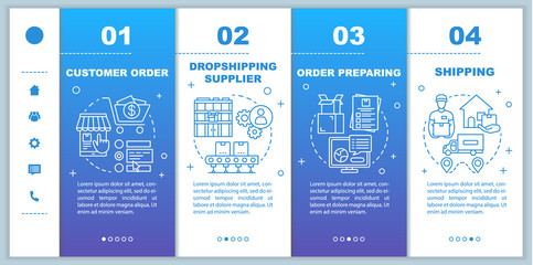 Dropshipping onboarding mobile web pages vector template. Customer order. Responsive smartphone website interface idea with linear illustrations. Webpage walkthrough step screens. Color concept