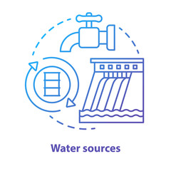 Water sources concept icon. Drinking water supplies idea thin line illustration in blue. Reasonable usage and management of aqua resources. River pollutions. Vector isolated outline drawing