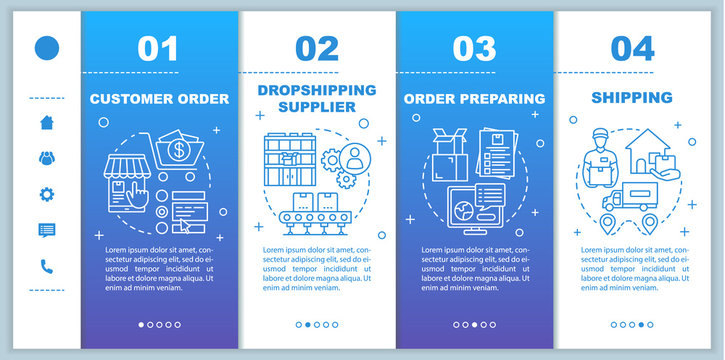 Dropshipping onboarding mobile web pages vector template. Customer order. Responsive smartphone website interface idea with linear illustrations. Webpage walkthrough step screens. Color concept