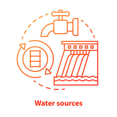 Water sources concept icon. Drinking water supplies idea thin line illustration in red. Reasonable usage and management of aqua resources. River pollution. Vector isolated outline drawing